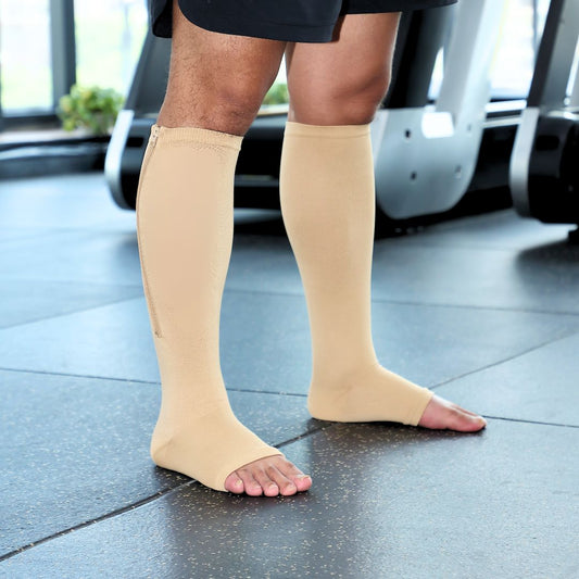Zipper Toeless Compression Socks - Beige